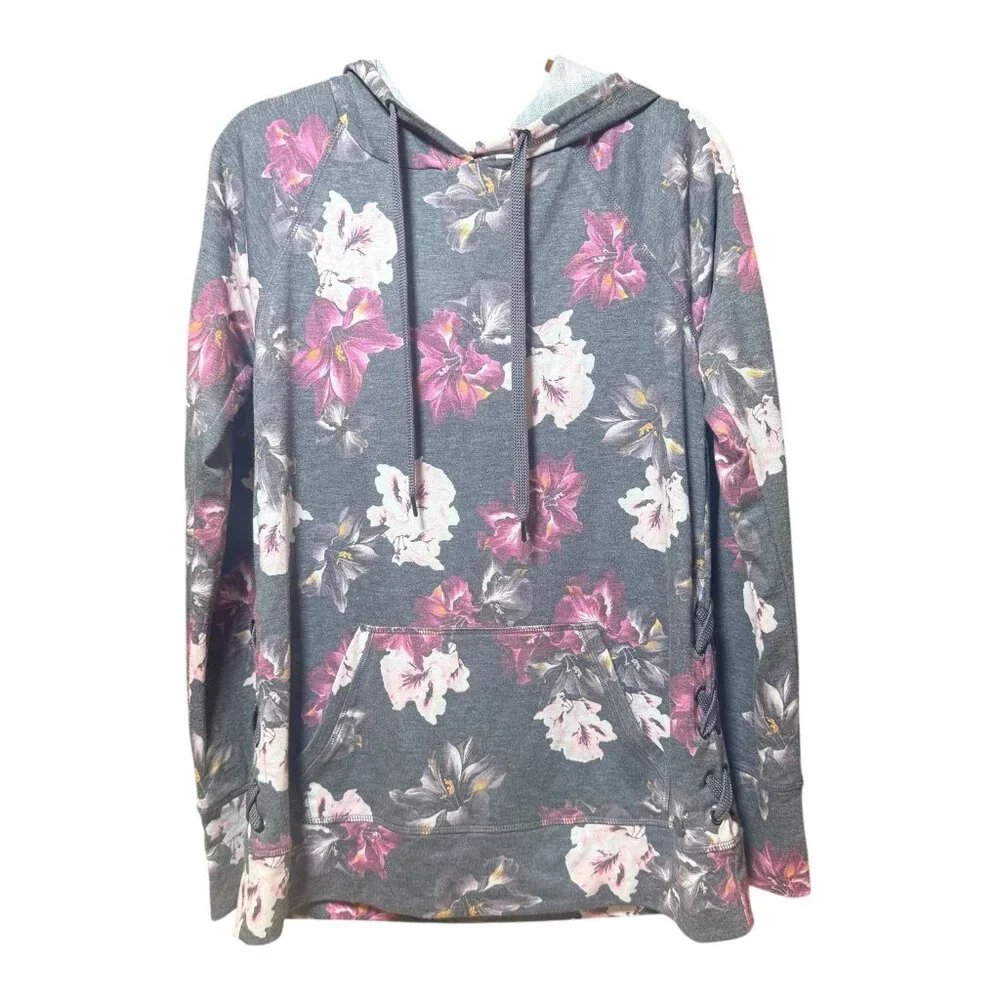 NWOT Ideology Floral-Print Lace-Up Hoodie Gray Size M - Picture 5 of 7